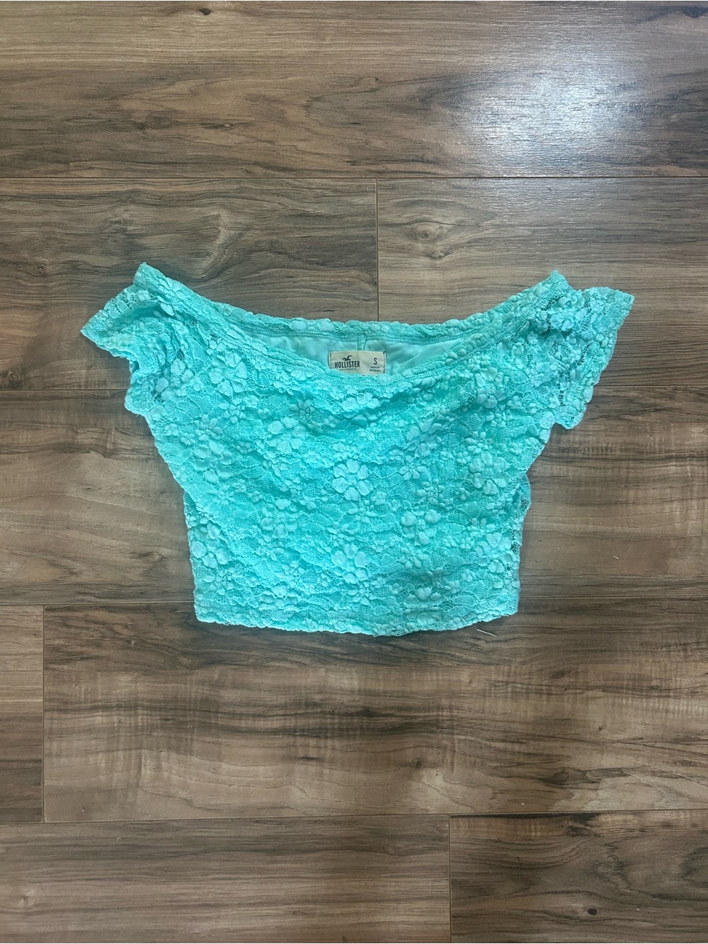 Hollister Lace Off-Shoulder Crop Top in Aqua